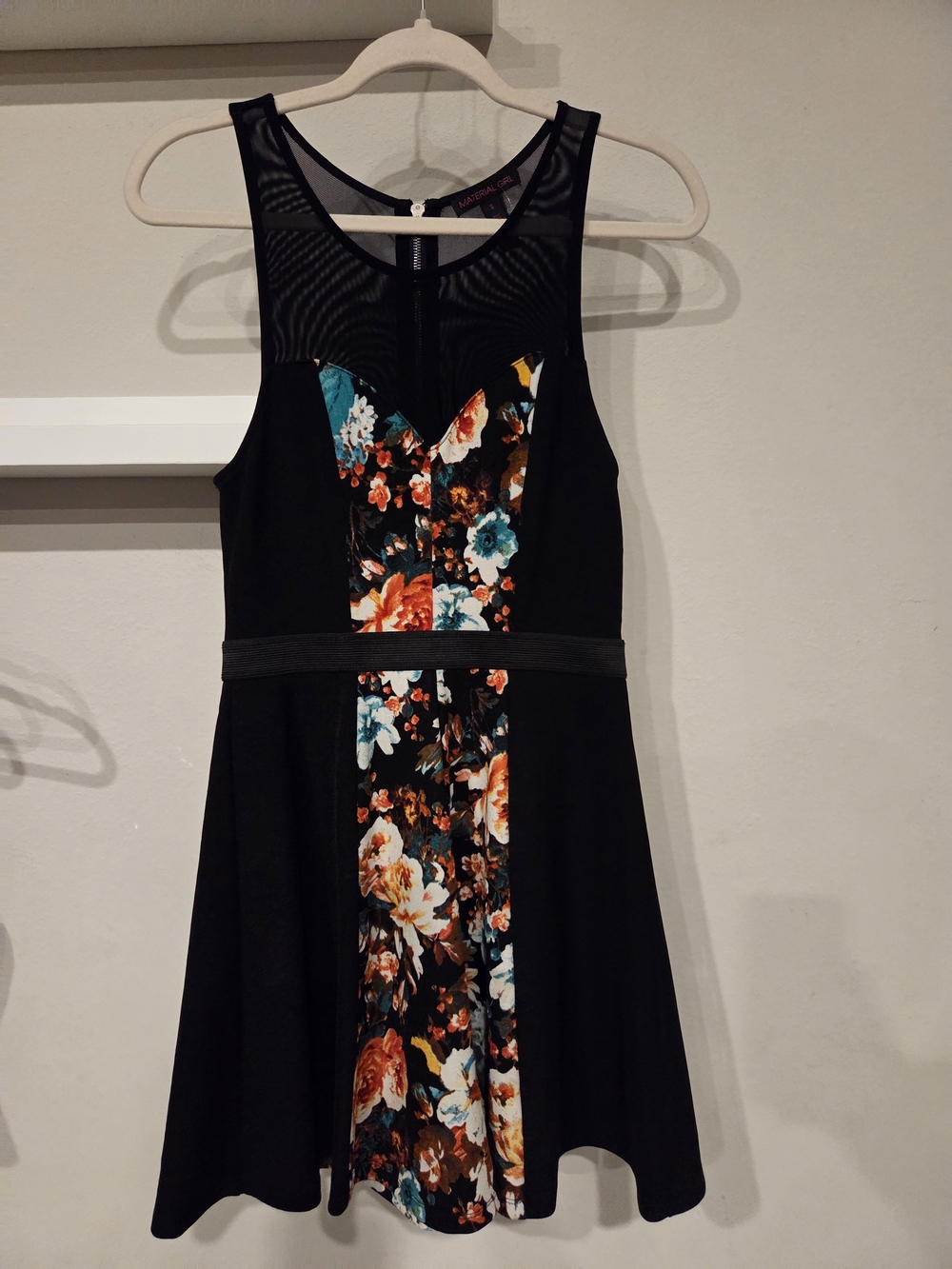 Material Girl Black Mini Dress with Teal and Orange Floral Panel